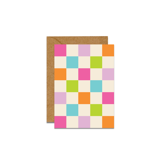 multi color checkered print card with brown envelope