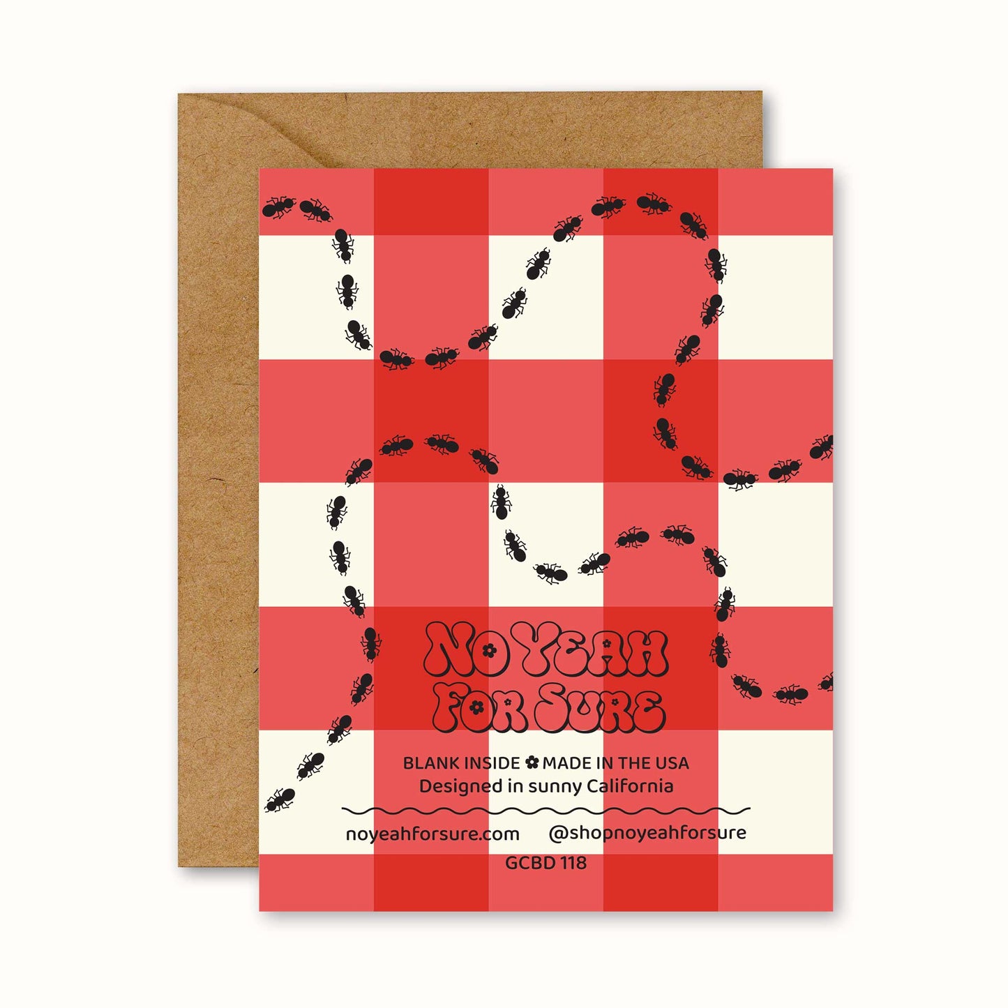 greeting card with a red and white checker print and graphic of crawling ants with a brown envelope