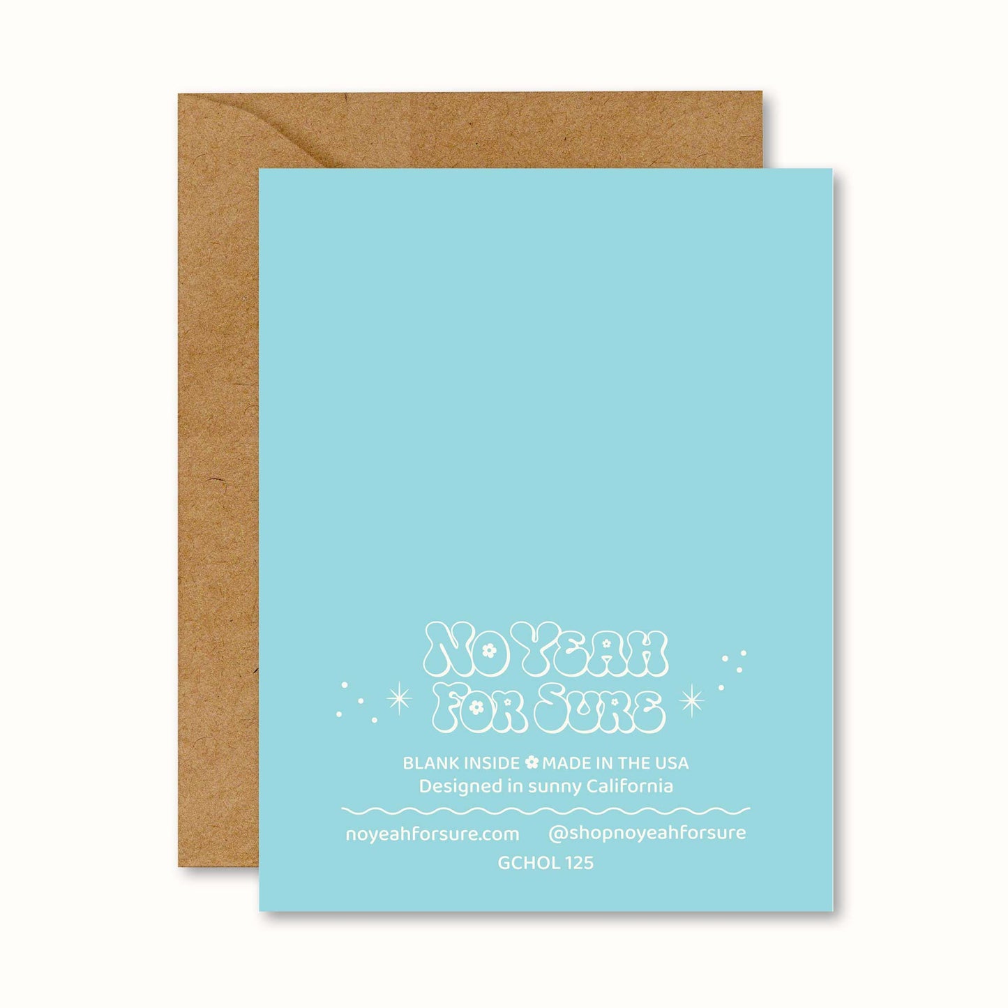 Light blue greeting card with brown envelope on a white background