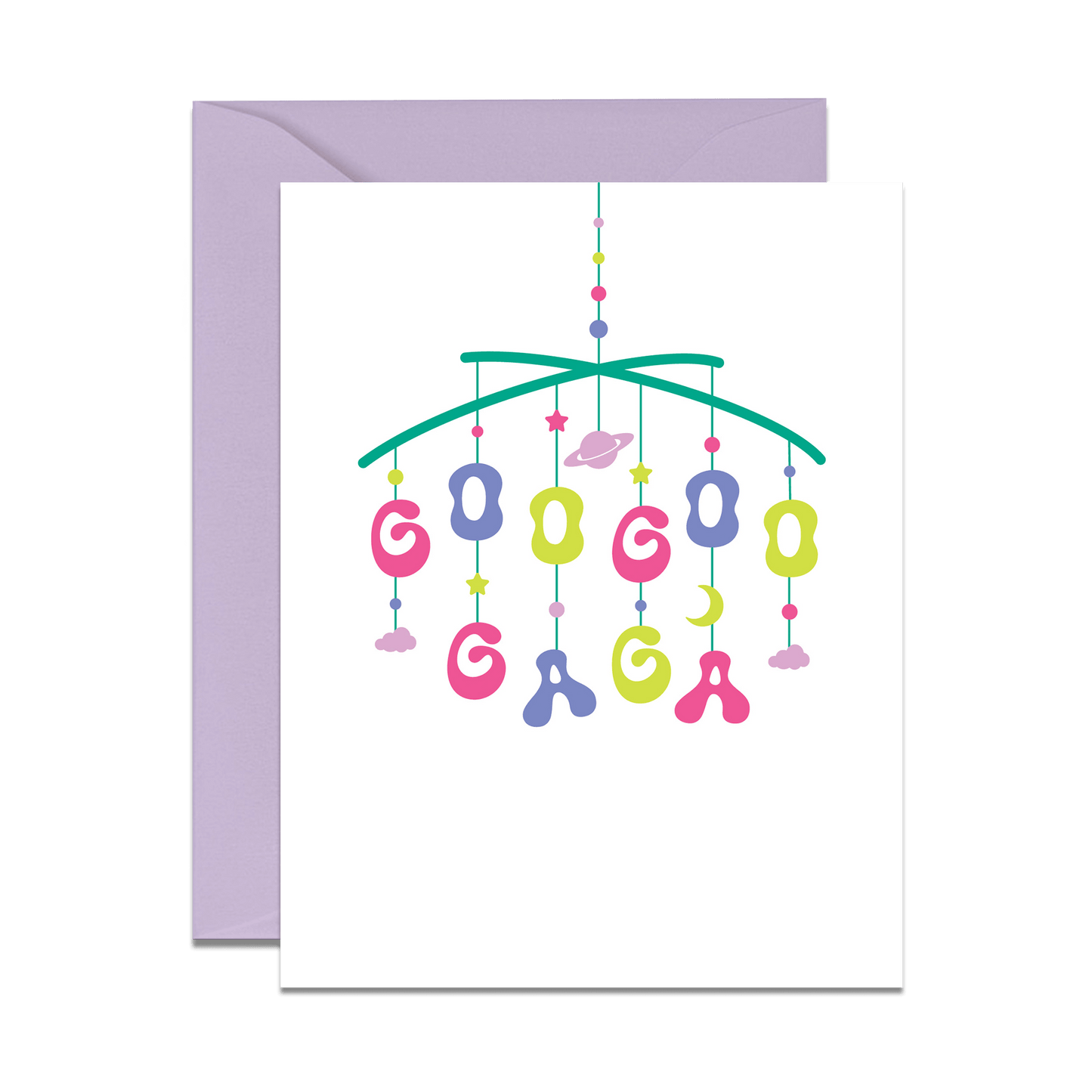 greeting card with baby mobile with space objects and goo goo gaga letters