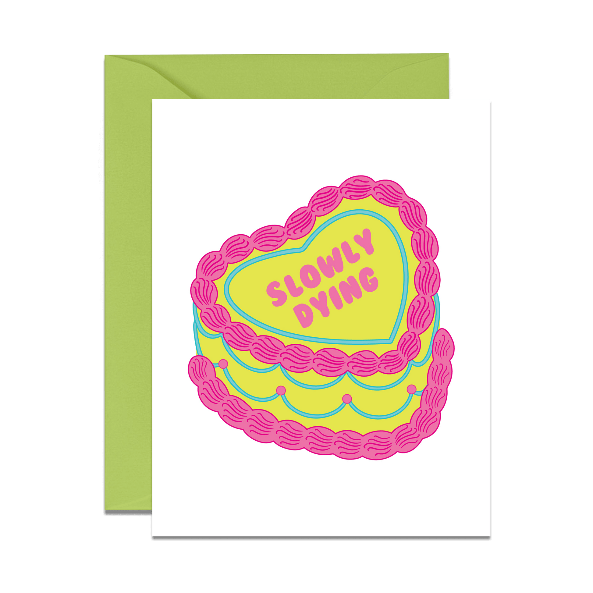 pink and green retro style birthday cake with slowly dying message greeting card