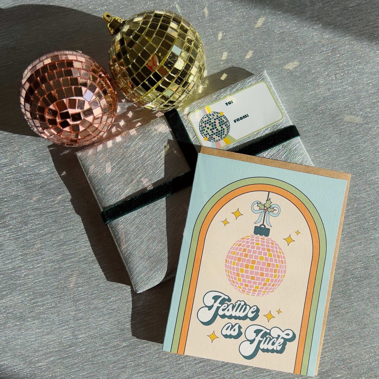 christmas greeting card festive as fuck script graphic disco ball ornament