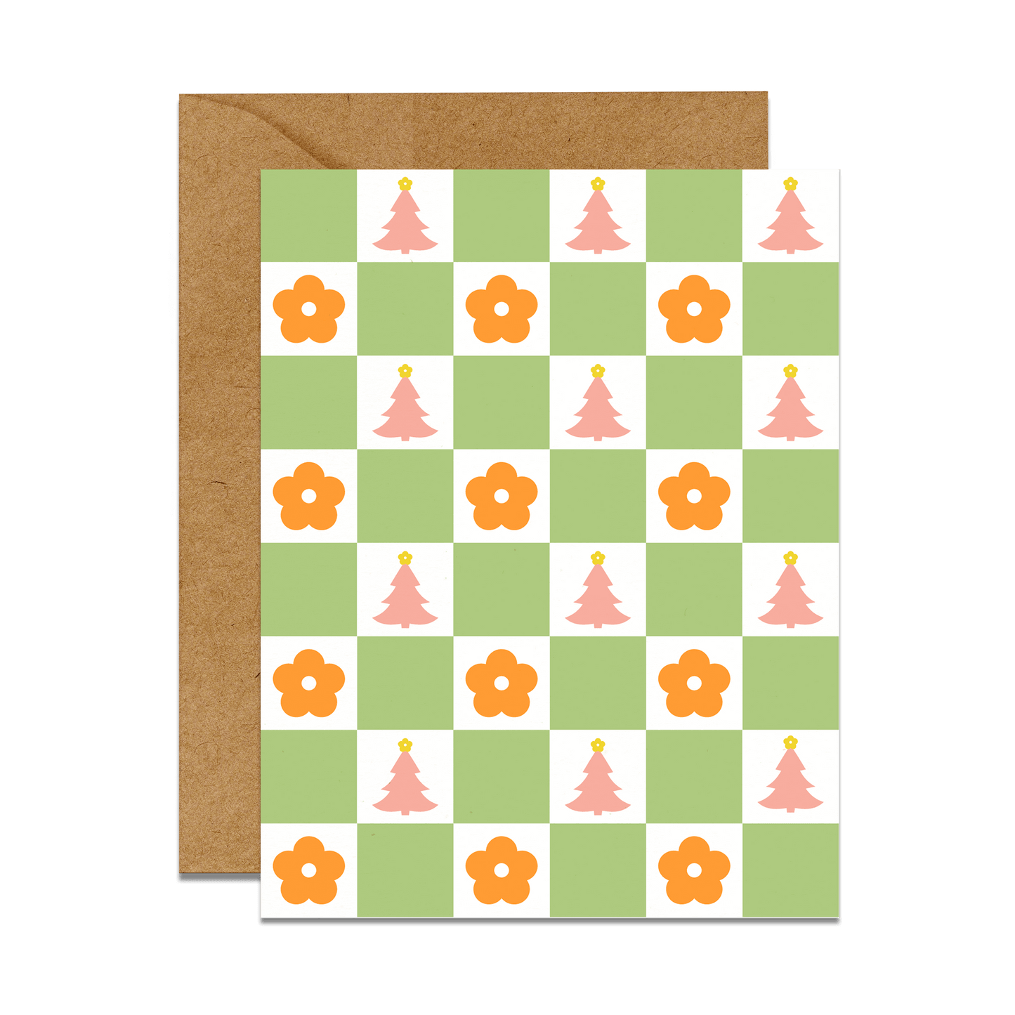 Green & white checkered print with orange daisies & pink christmas trees greeting card with kraft envelope