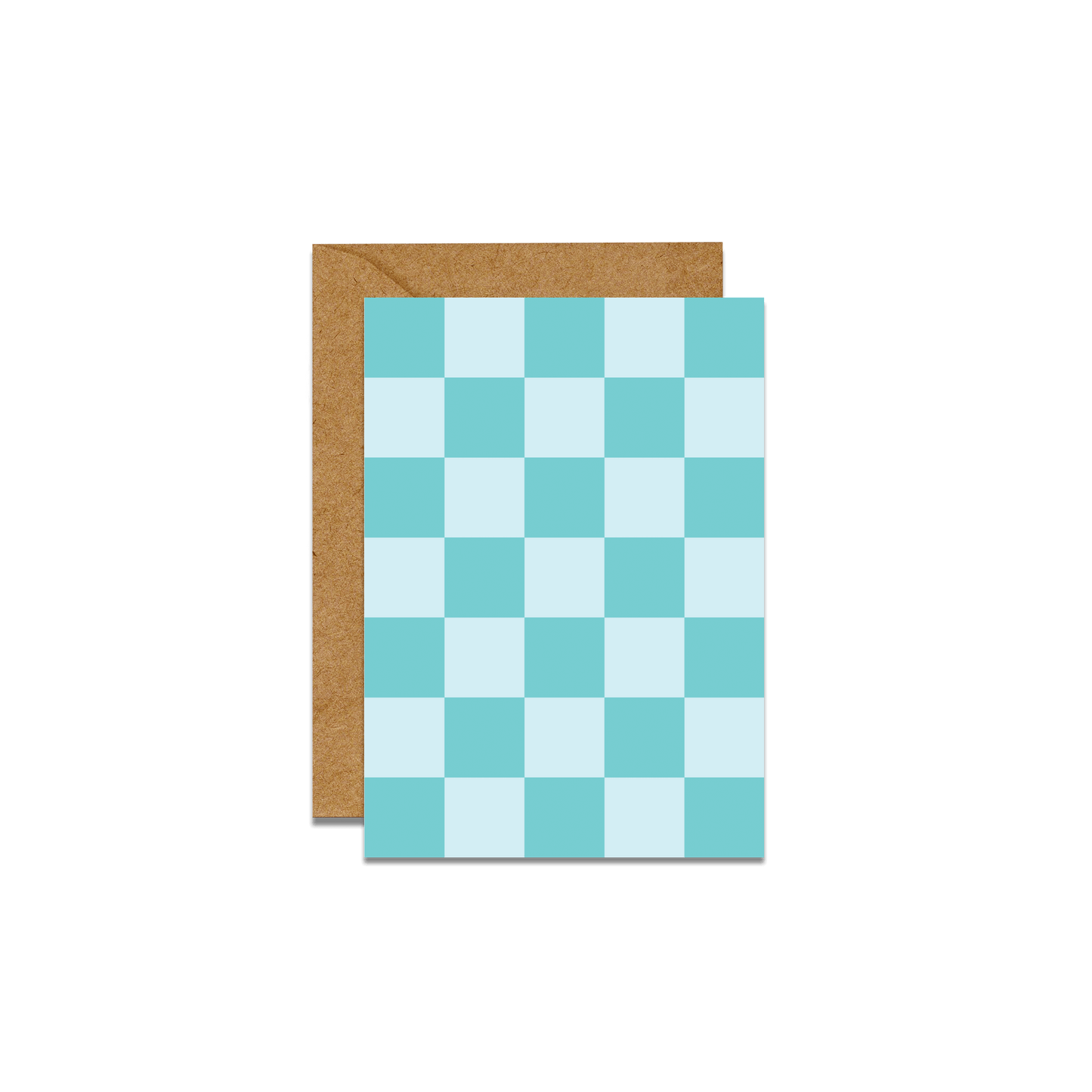 blue checkered print card with brown envelope