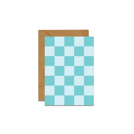 blue checkered print card with brown envelope