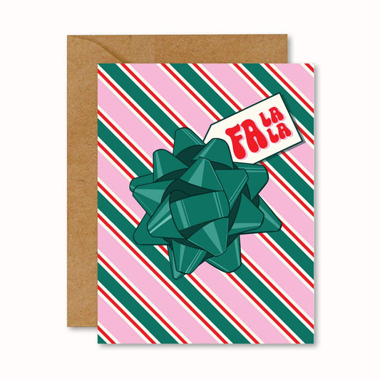 christmas greeting card with a pink, green and red striped graphic and gift bow