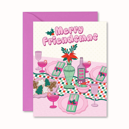 christmas greeting card with colorful graphic of a christmas dinner tablescape