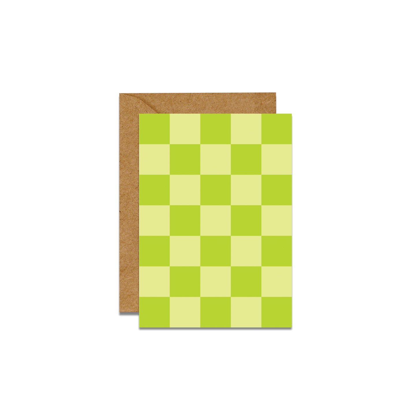 green checkered print card with brown envelope