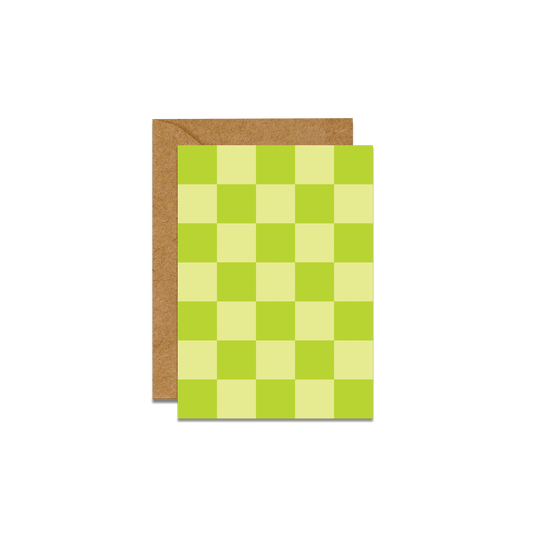 green checkered print card with brown envelope