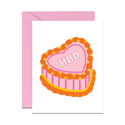pink and orange retro birthday cake drawing greeting card