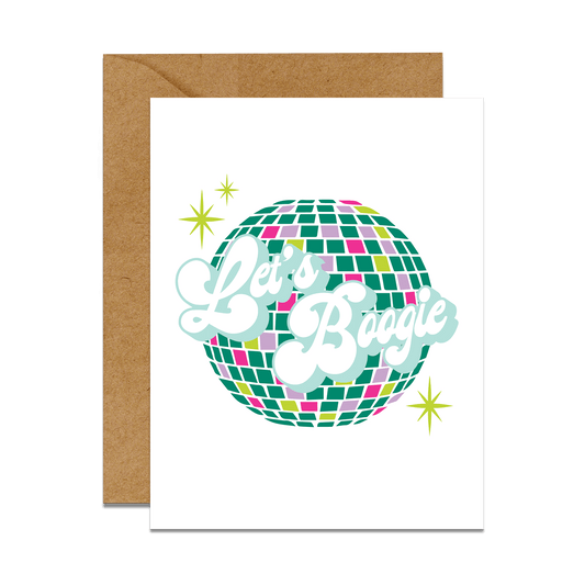 greeting card with disco ball with green sparkles text reads let's boogie