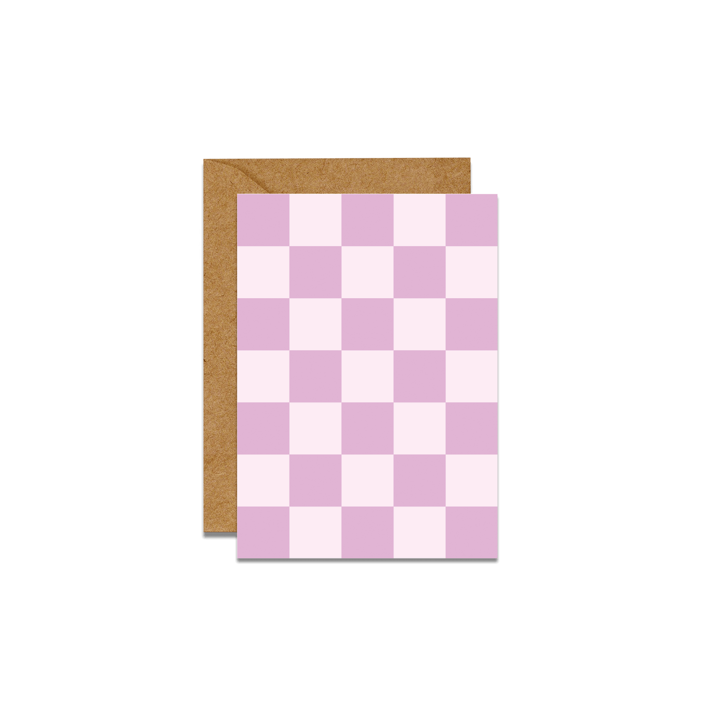 lilac checkered print card with brown envelope