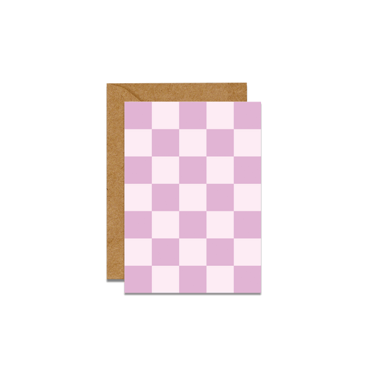 lilac checkered print card with brown envelope