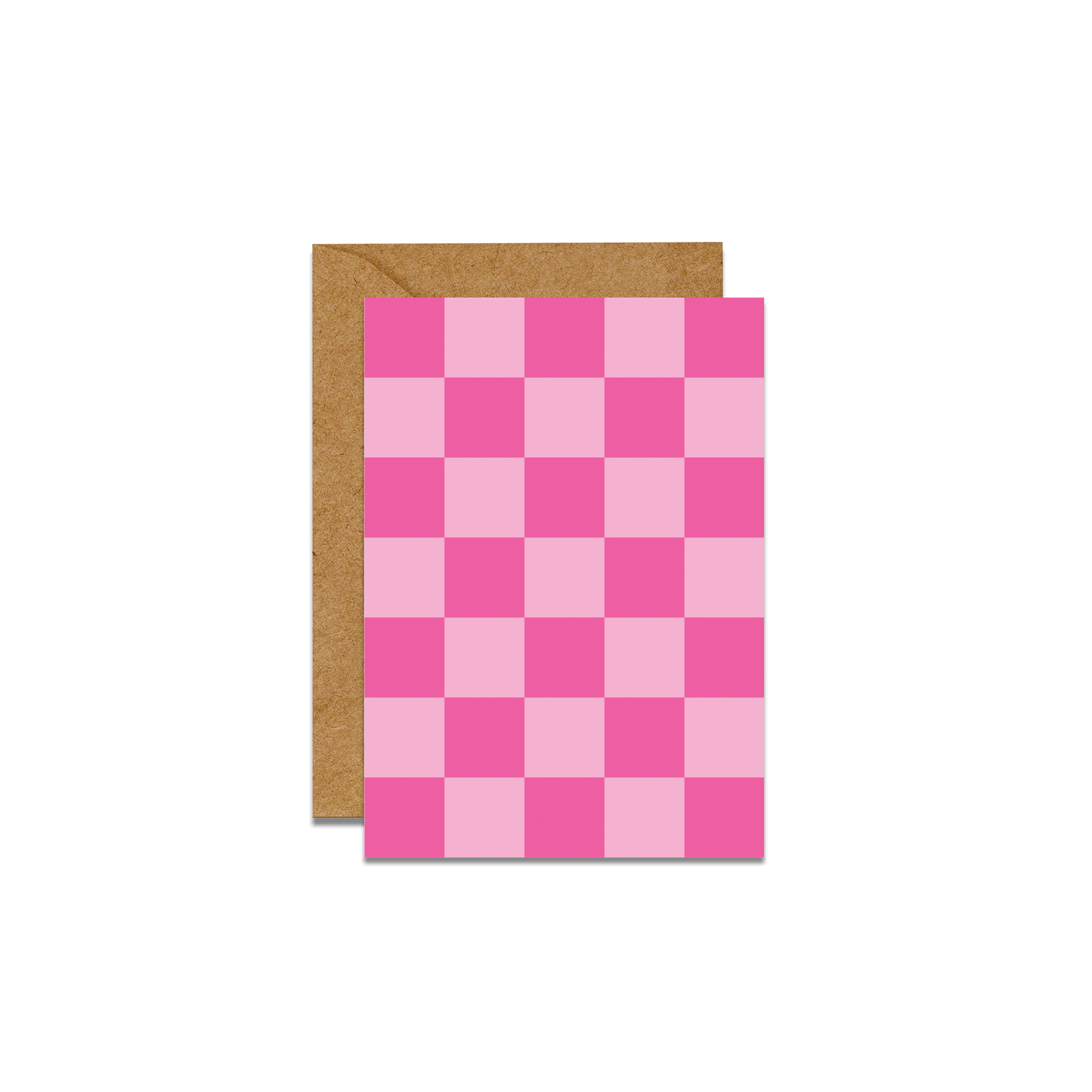 pink checkered print card with brown envelope