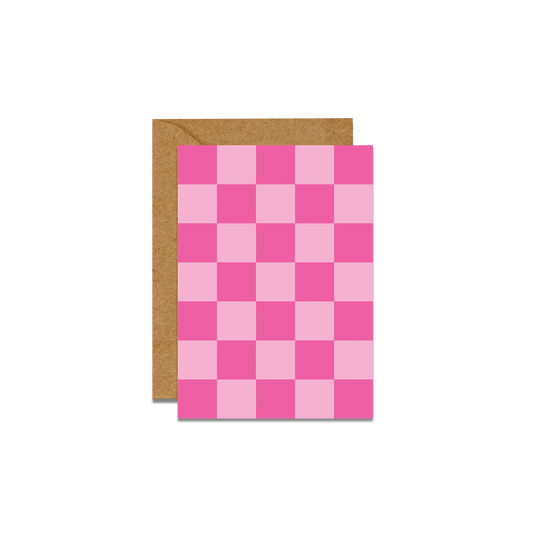 pink checkered print card with brown envelope