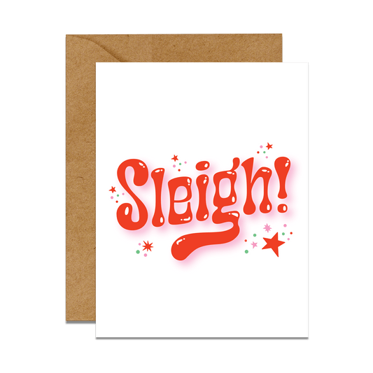 Sleigh! sparkles and stars greeting card with brown envelope
