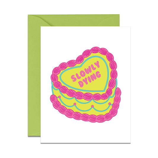 pink and green retro style birthday cake with slowly dying message greeting card 