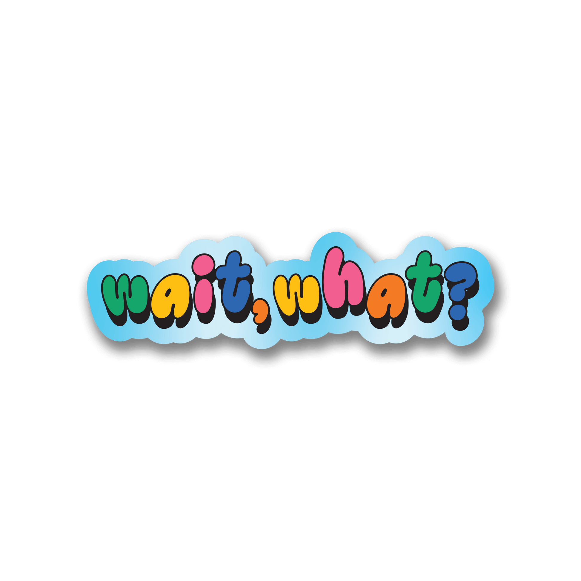 sticker with Colorful text "wait, what?" with a playful font and bubble-like outlines on a black background.