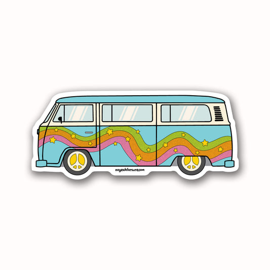 retro vw bus die cut sticker with swirls and stars