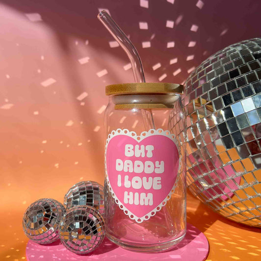 But daddy i love him cup with straw and lid. disco ball background
