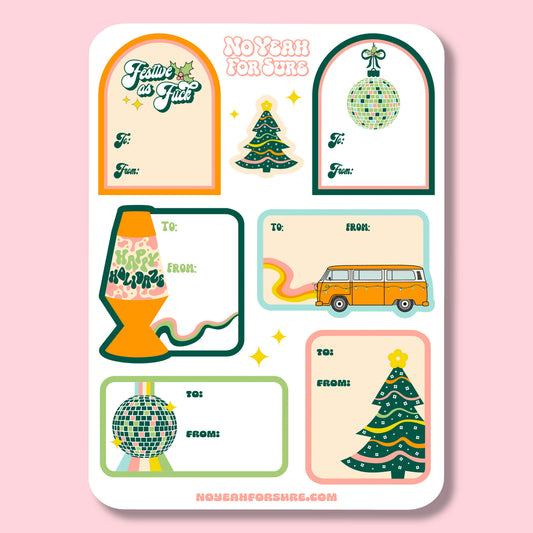 Retro disco theme Christmas gift tags on a sticker sheet with images of disco balls, lava lamps and camper van bus