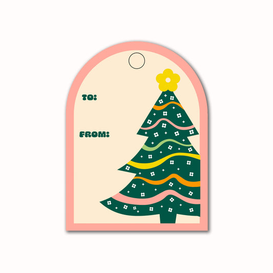 Christmas holiday gift tag pink arch shape with retro christmas tree