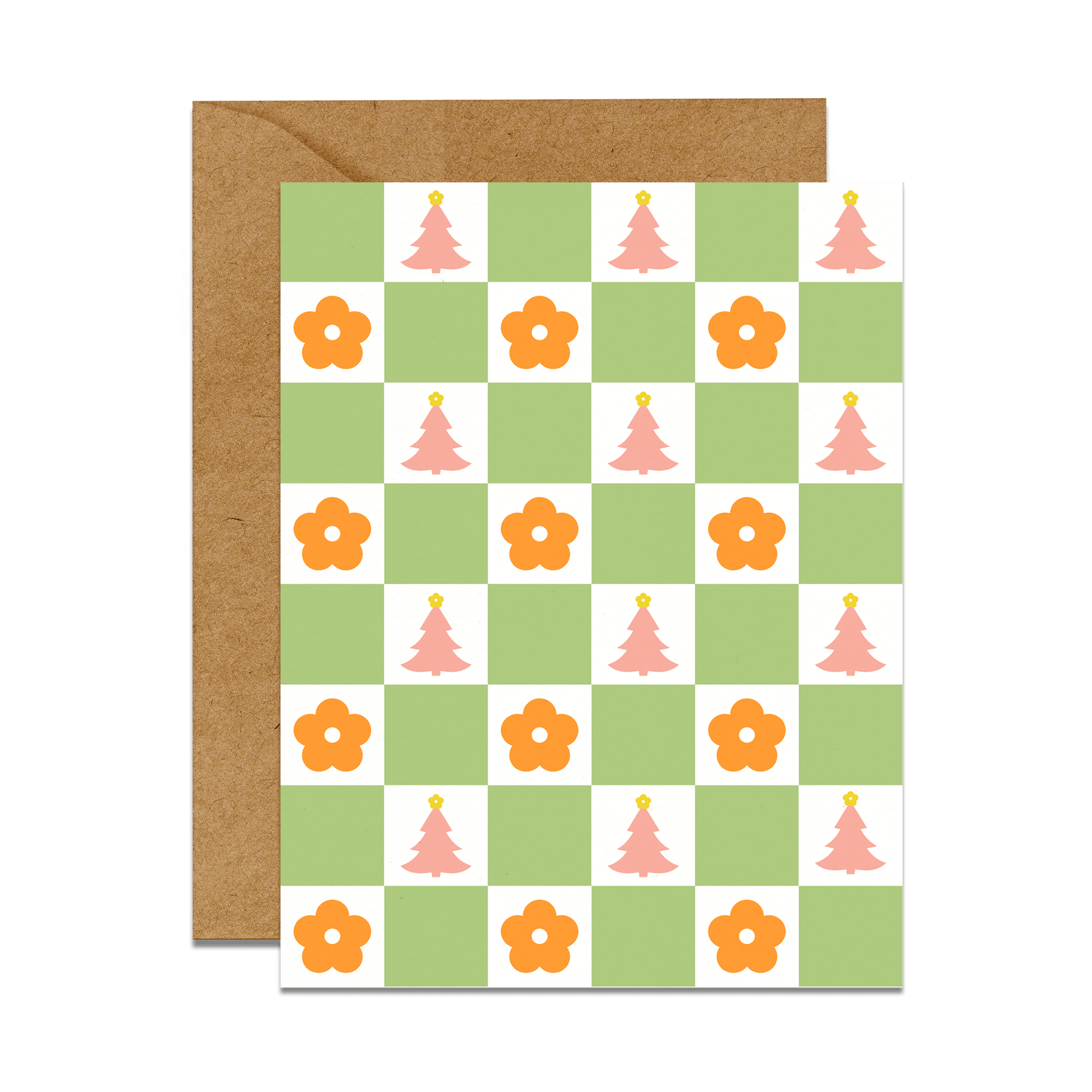 Green & white checkered print with  orange daisies & pink christmas trees greeting card with kraft envelope