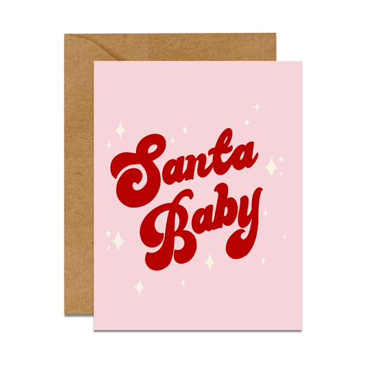 pink and red Santa baby retro script card